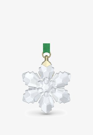 Klares facettiertes Kristallschneeflocken-Ornament mit sechs Spitzen und grünem Band zum Aufhängen.