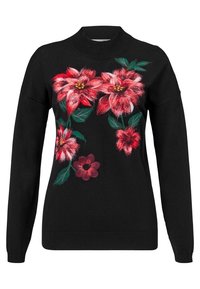 Svart stickad tröja med livfull röd floral broderi, inklusive stora blommor och gröna blad, med en klassisk rundhalsdesign.