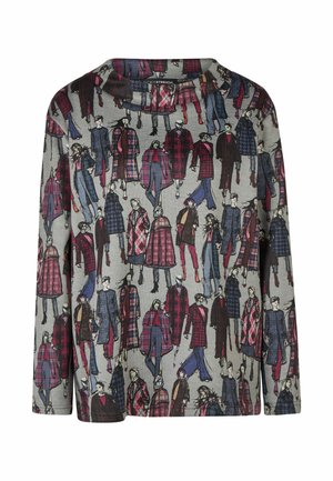 Graues Langarmshirt mit bunten illustrierten Figuren, die karierte Mäntel und Hosen in Rot-, Blau- und Schwarztönen tragen.