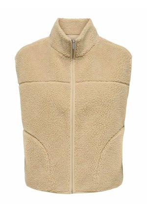 Bēšs bezroku flīsa vests ar augstu apkakli un priekšējo rāvējslēdzēju, kas izgatavots no teksturēta, mīksta, vilnai līdzīga materiāla ar izliektām sānu šuvēm.