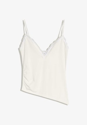 Weißes ärmelloses Camisole mit Spitzenbesatz und dünnen doppelten Trägern, mit V-Ausschnitt und leicht geraffter Seite.