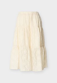 Φούστα σε κρεμ απόχρωση με στρώσεις, ελαστική μέση και κεντήματα με λουλούδια σε σχέδιο τρύπας, μήκος μέχρι τη μέση γάμπας, ελαφρύ ύφασμα.