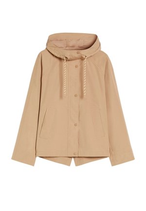 Beige hoodie-jas met voorste drukknoopsluiting, trekkoord in de capuchon, twee zijzakken, lange mouwen en een rechte zoom.