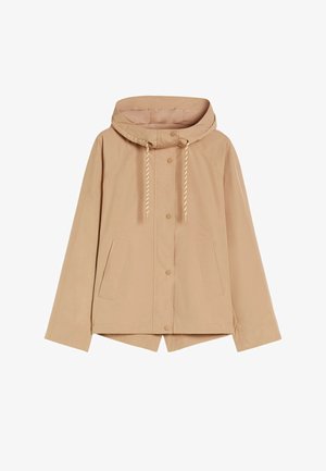Beige hoodie-jas met voorste drukknoopsluiting, trekkoord in de capuchon, twee zijzakken, lange mouwen en een rechte zoom.