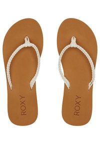 Hnedé šľapky s textúrovanou podrážkou, s vrkočovými bielymi popruhmi. Značka "ROXY" je potlačená hnedou farbou na vnútornej strane.