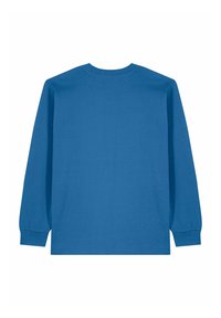 T-shirt à manches longues bleu uni, fabriqué en coton doux. Présente un col rond et des poignets élastiques. Coutures lisses et plates.