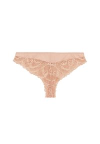 Culottes rose blush avec dentelle, présentant des motifs floraux et un bord festonné. Tissu doux avec une taille et des ouvertures de jambe lisses.