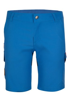Blue knee-length shorts with button closure, belt loops, front pockets, and side cargo pockets.