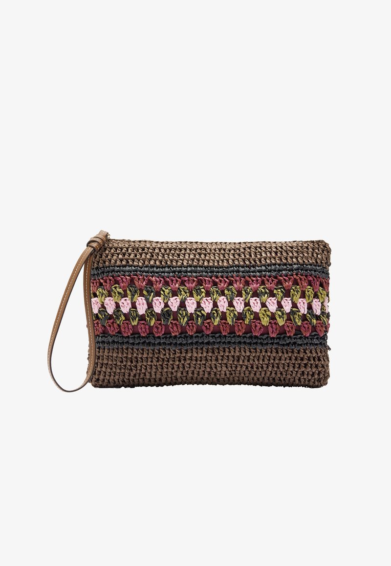 Pochette tissée rectangulaire marron avec une lanière de poignet et une bande horizontale avec un motif tissé rose, bordeaux, vert et noir au centre.