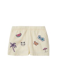 Shorts jaune clair avec une taille élastique ornés de designs brodés colorés : pastèque, palmier, chat, papillon et fleurs.