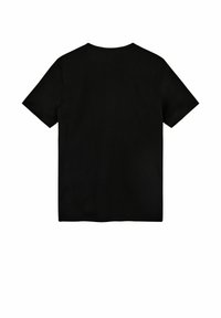 Fekete rövid ujjú pamut póló, klasszikus kerek nyakkivágással, sima textúrával és egyszínű hátsó résszel.