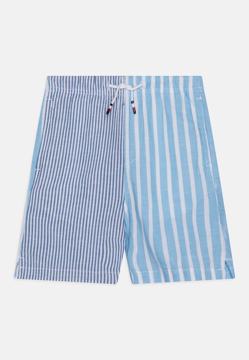 Shorts de bain rayés, en tissu bleu et bleu clair alterné. Taille élastique avec cordon de serrage ; matériau en mélange de coton.
