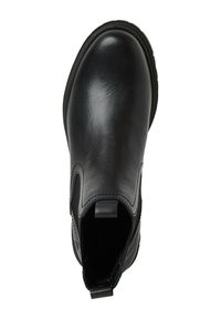 Botine Chelsea negre din piele, cu finisaj neted, panouri elastice pe laterale, vârf rotunjit și o buclă la spate pentru o purtare u�șoară.