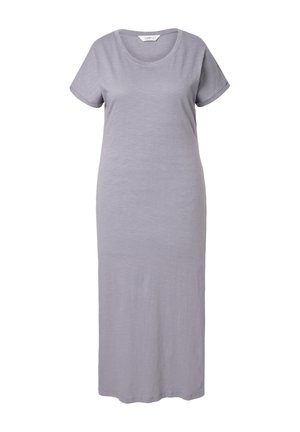 Vestido maxi gris claro hecho de una tela suave y ligera. Cuenta con un escote redondo, mangas cortas y una silueta recta.