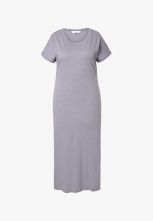 Jasnoszara sukienka maxi wykonana z miękkiej, lekkiej tkaniny. Posiada okrągły dekolt, krótkie rękawy oraz prosty krój.