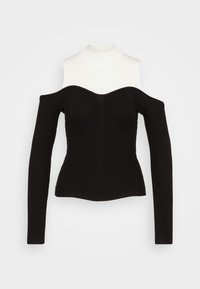 Top nero a coste con corpino aderente, scollo a cuore e maniche lunghe scoperte sulle spalle. Inserto bianco a collo alto finto.