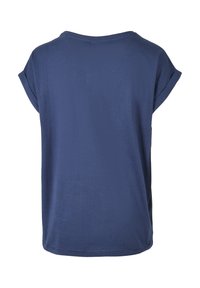 Navy blue short-sleeve T-shirt with rolled cuffs, viewed from the back, on a white background.
