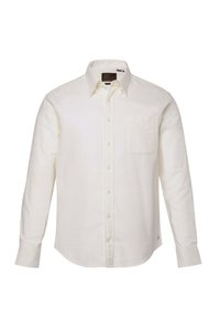 Witte lange mouwen shirt van zachte stof met een knoopsluiting aan de voorkant, een borstzakje en een afgeronde zoom; heeft een klassieke kraag en manchetten.