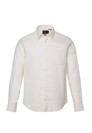 Witte lange mouwen shirt van zachte stof met een knoopsluiting aan de voorkant, een borstzakje en een afgeronde zoom; heeft een klassieke kraag en manchetten.