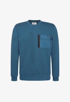 Blauwe sweatshirt van zachte stof, met een ronde hals, lange mouwen en een voorzak met ritssluiting. Gep textuur overal.