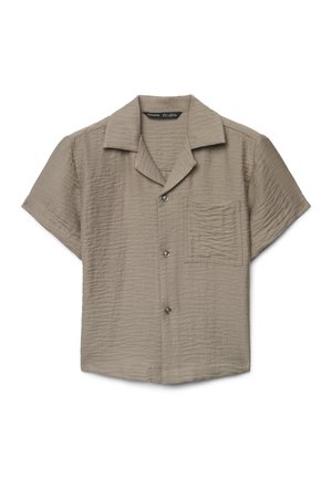 Camicia a maniche corte in tessuto marrone chiaro con trama, caratterizzata da colletto, tasca frontale con motivo stropicciato e chiusura con bottoni.