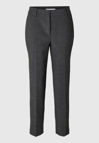 Pantalons gris, ajustés, avec une texture lisse, coupe droite, poches avant et fermeture cachée. Idéaux pour des occasions formelles.