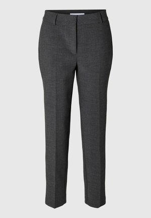 Gray, tailored trousers with a smooth texture, straight leg design, front pockets, and a hidden closure. Ideal for formal settings.