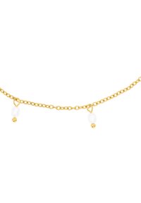 Goldkette mit weißen Perlen und goldenen Akzenten, zartem Design und abwechselnd geformten Gliedern für Textur.