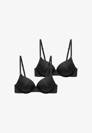Zwarte T-shirt beha's, gladde stof, beugelondersteuning, verstelbare bandjes en een kanten banddetail; twee identieke stuks in de set.