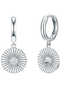 Silver örhängen i droppform med en cirkulär design som har ett solstrålemönster och en central ädelsten. Strukturerad yta med en polerad båge.