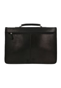 Black leather briefcase with a textured surface, featuring a top handle, a front zip pocket, and minimalistic stitching details.