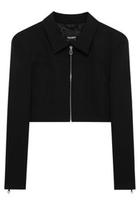 Black cropped jacket with front silver zipper, collar, long sleeves, and two side pockets.