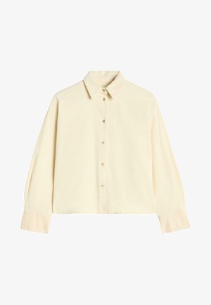 Helle gelbe Button-Up-Hemd aus einem weichen Stoff, mit Kragen, langen Ärmeln und einem lockeren, cropped Design.