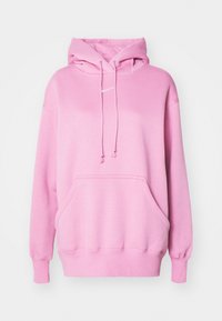 Ljusrosa långärmad hoodie med framficka, justerbar dragsko i huvan, ribbade ärmslut och nederkant, med en liten vit Nike-logotyp på bröstet.