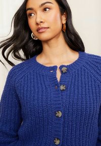 Mėlynas megztas kardiganas, pasižymintis įlinkimu tekstūra, apvalia iškirpte ir penkiomis tamsiomis sagomis. Audinys storas ir jaukus, su laisvu siluetu.