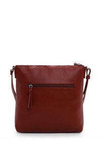 Red leather crossbody bag with a textured surface, featuring a front zip pocket and a detachable strap for versatile carrying options.