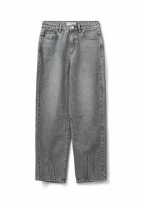 Jeans a gamba larga in denim grigio con vita alta, due tasche anteriori e cuciture a contrasto. Presentano una vestibilità rilassata e un taglio dritto.