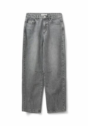Grey denim wide-leg jeans with a high waist, two front pockets, and contrast stitching. Features a relaxed fit and straight cut.