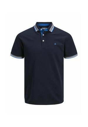 Námornícky polo tričko s gombíkovým golierom, s modro-šedými pruhmi na rukávoch a golieri. Vyšívané logo na hrudi.