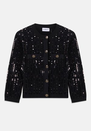 Sort langærmet cardigan med lodrette palietter, front i guldknapper og to brystlommer med klap og knaplukninger.