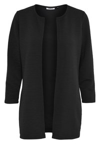 Black open-front cardigan with textured ribbed fabric, long sleeves, and a straight cut. No closures, minimalistic design.