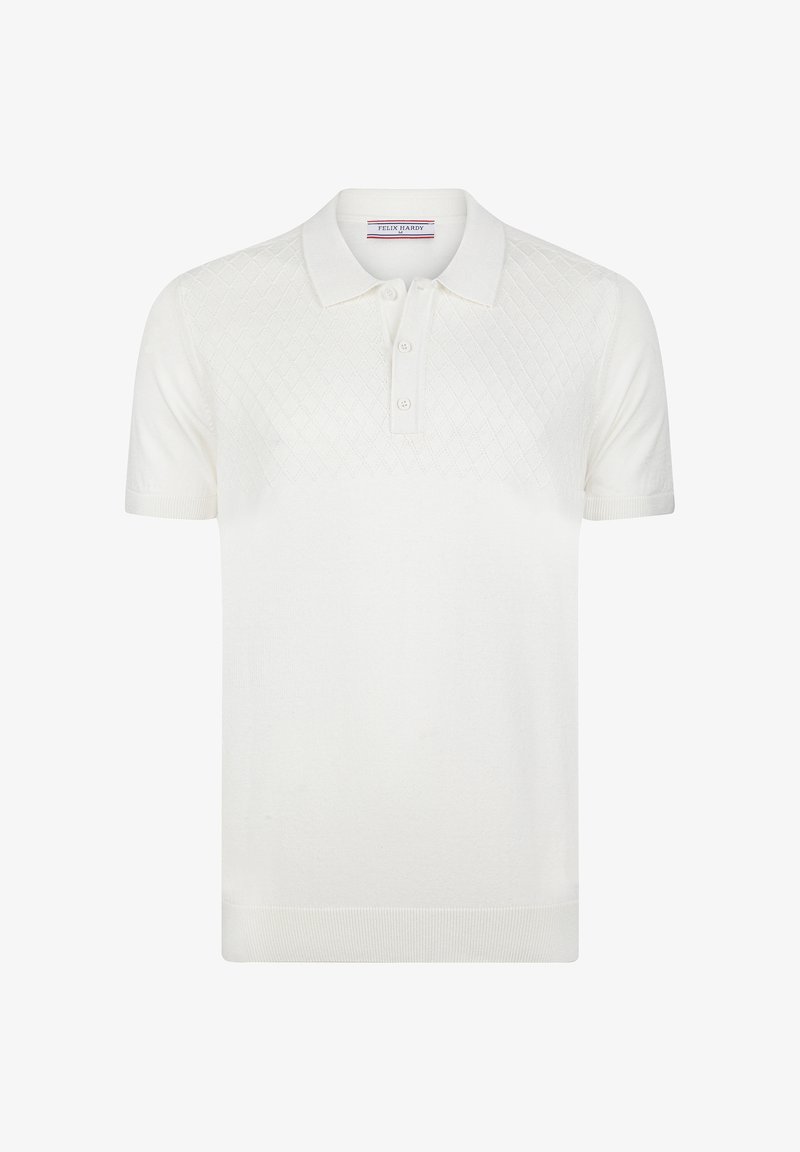 Polo à manches courtes en blanc, avec un motif texturé en maille losanges, une patte de boutonnage à trois boutons et des bords-côtes aux manches et à l'ourlet.