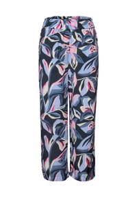 Bloemenpatroon broeken in marineblauw met roze, lichtblauw en crème accenten. Gemaakt van lichte stof, met een elastische tailleband en een cropped lengte.
