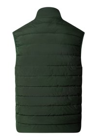 Mørkegrøn quiltet vest uden ærmer med stående krave, vandrette syninger og polstret isolering, vist bagfra.