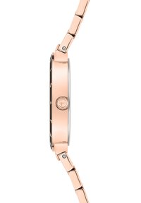 Roségoldene Metalluhr mit elegantem Design, runder Ziffernblatt, glatter Oberfläche, auffälligem Druckknopf und verlinktem Armband, seitlich betrachtet.