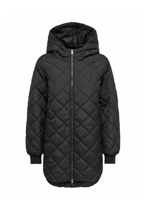 Veste matelassée noire à capuche avec fermeture éclair frontale, poignets côtelés et un ourlet légèrement arrondi, conçue pour temps froid.