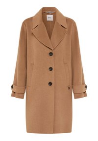 Manteau en mélange de laine marron avec un large col, quatre boutons noirs, des poches latérales et des manches retroussées avec des accents de boutons.