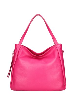 Bright pink leather handbag with a single top handle and a side zipper pull, displayed against a white background.