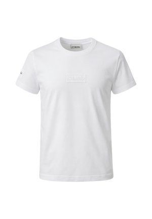 T-shirt bianca a maniche corte con scollo rotondo, con un discreto logo rettangolare in rilievo "ICEBERG" sul petto e un piccolo logo circolare sulla manica sinistra.