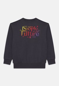 Donkergrijze sweatshirt met een kleurrijke grafische afbeelding op de achterkant met de tekst "wij werken voor de Mensen van de Toekomst." Ribgebreide boorden en zoom.
